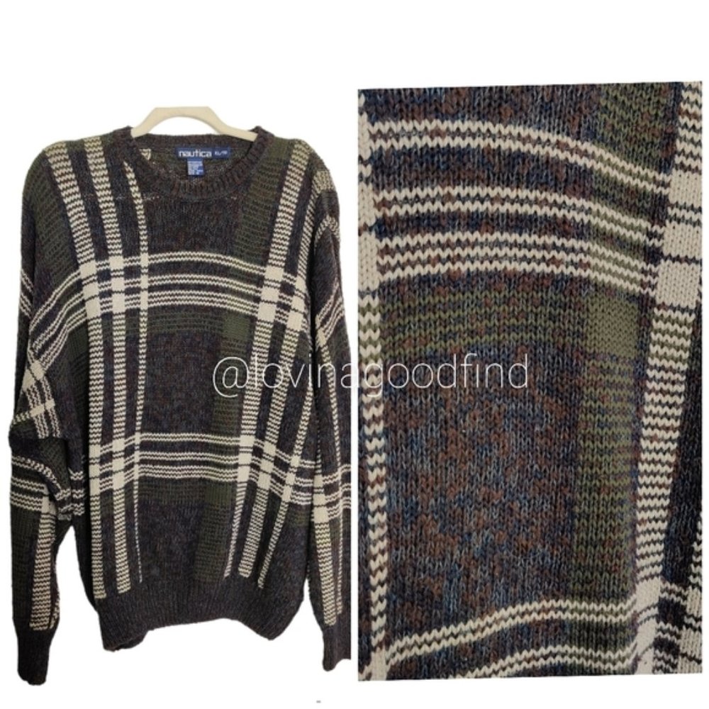 NAUTICA Crew Olive Grey Blue Pullover Sweater EUC sz XL